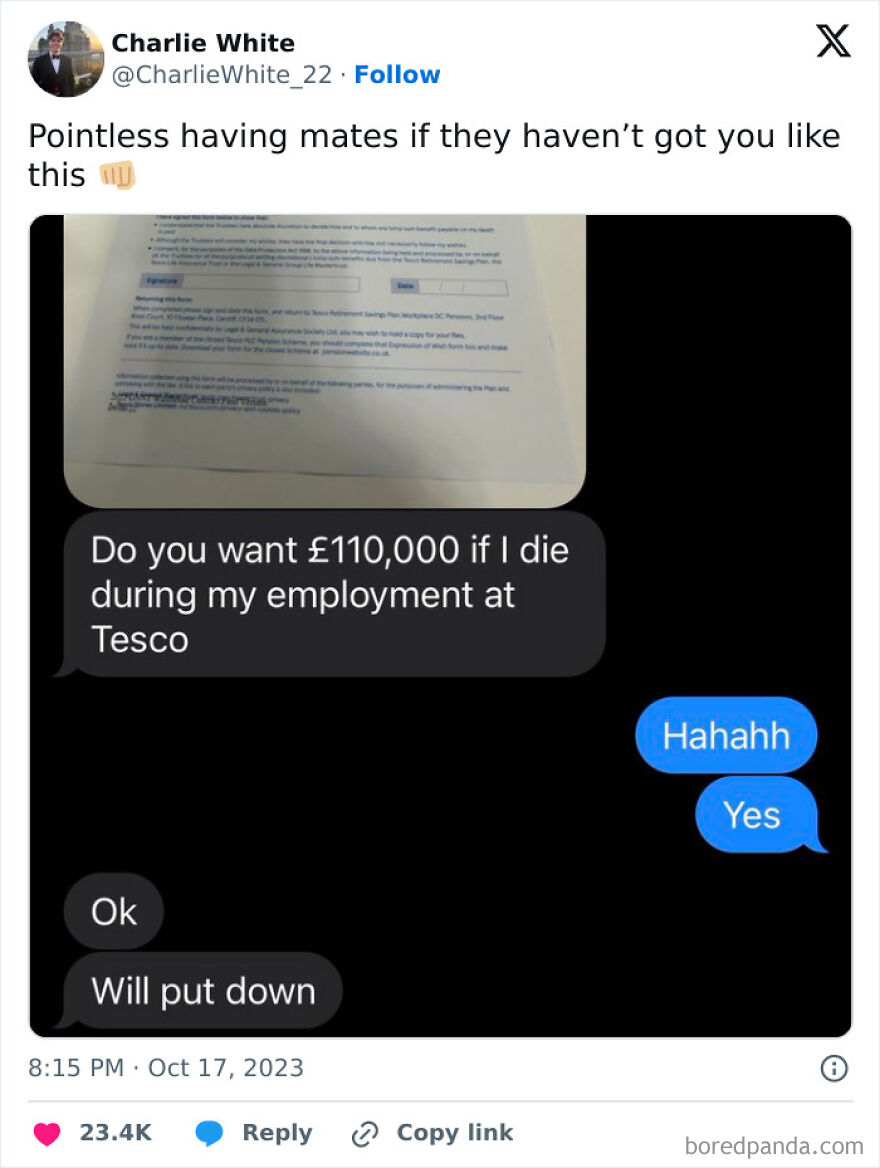 Screenshot of a humorous text conversation about £110,000 life insurance during Tesco employment, showcasing British humor memes.
