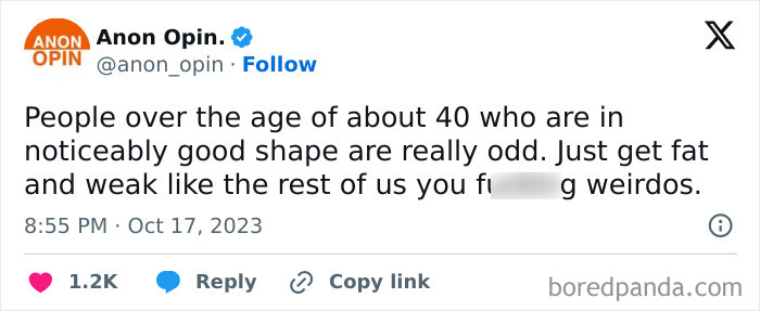Tweet from Anon Opin about people over 40 joking on life after 40 being a new level of chaos and odd behaviors.