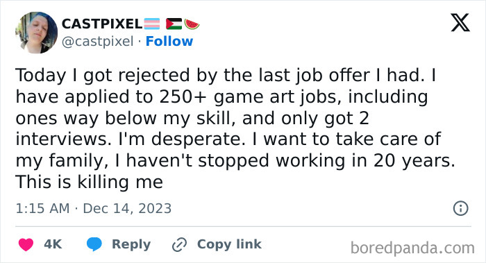 Tweet showing a person describing brutal rejections from over 250 game art job applications, expressing desperation.