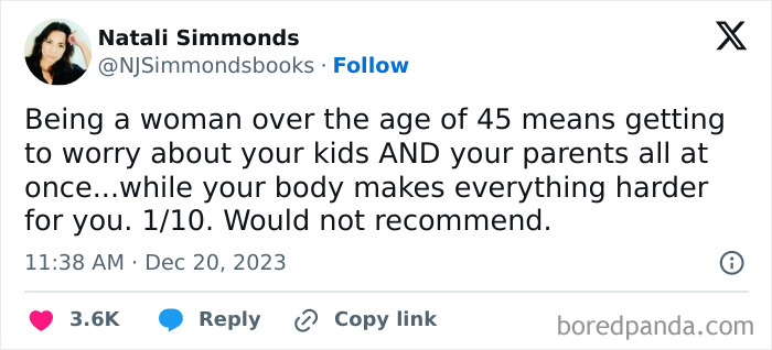 Tweet about the chaos of life after 40, highlighting challenges with family and body changes by age 45.