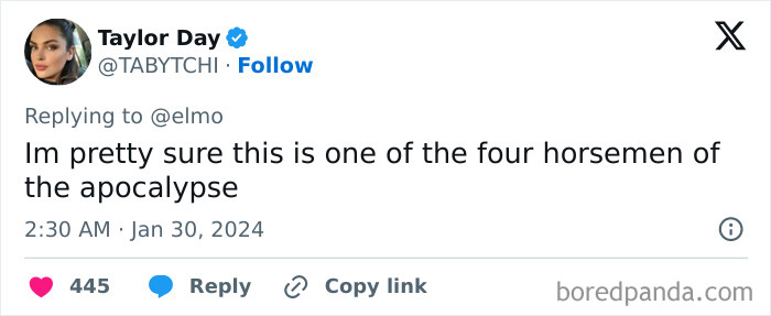 Tweet reply to Elmo’s X account mentioning a violent warning message by a mystery culprit on social media platform X. Tweet reply to Elmo’s X account mentioning a violent warning message by a mystery culprit on social media platform X.