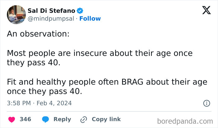Tweet text highlighting humor about age insecurity and pride after 40, reflecting life after 40 chaos and relatable posts.