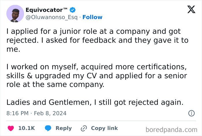 Tweet showing a person sharing their experience of brutal rejections after applying for junior and senior roles.