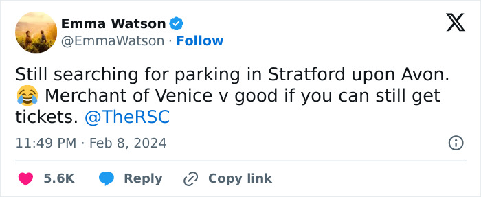 Screenshot of Emma Watson's tweet about searching for parking in Stratford upon Avon, related to her legal trouble and ban. - 4