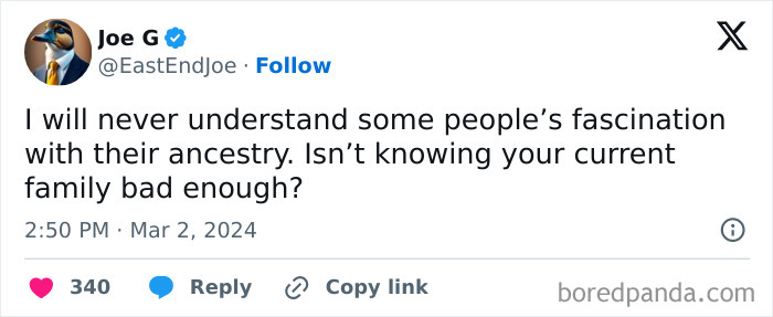 Tweet text about confusion over ancestry and family, a relatable meme from casual nihilism humor on social media.