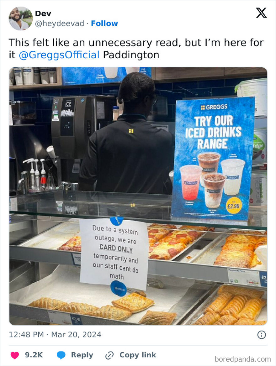 Bakery counter with pizzas and pastries, a sign about card-only payment, and a man working, showcasing British humor memes.