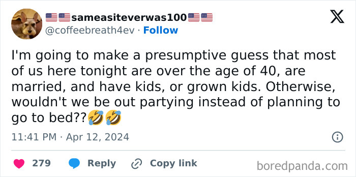 Twitter post humorously discussing life after 40, marriage, and parenting, highlighting chaos and changed priorities.