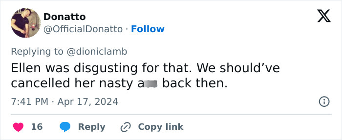 Tweet criticizing Ellen DeGeneres interview, with C&eacute;line Dion fans reacting to rude comments resurfacing online.