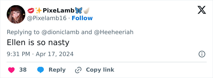 Tweet by fan expressing anger at Ellen DeGeneres, reflecting C&eacute;line Dion fans' reaction to rudeness in interview resurfacing.