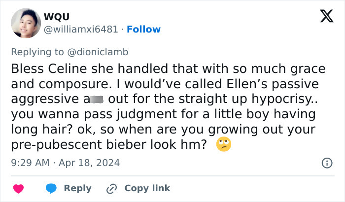 Twitter user expressing support for C&eacute;line Dion fans upset over Ellen DeGeneres interview backlash resurfacing online.