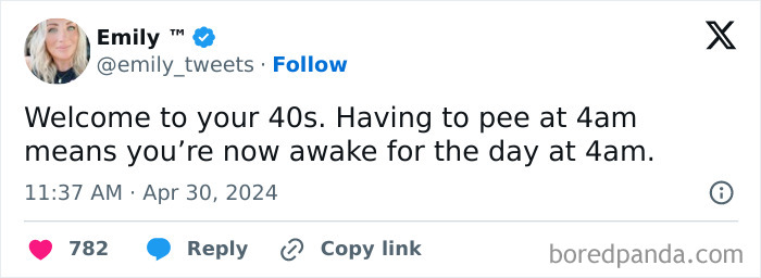 Tweet about life after 40, humorously describing waking up at 4am as part of the new chaos of this age.