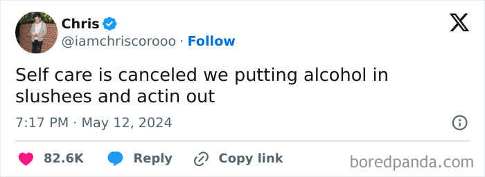 Tweet about canceling self care and choosing alcohol in slushees, part of painfully spot-on memes relatable to anyone around 30.