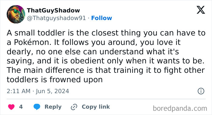 Tweet about toddlers compared to Pokémon, highlighting their lovable, obedient, and mischievous behavior from funny dads perspective.