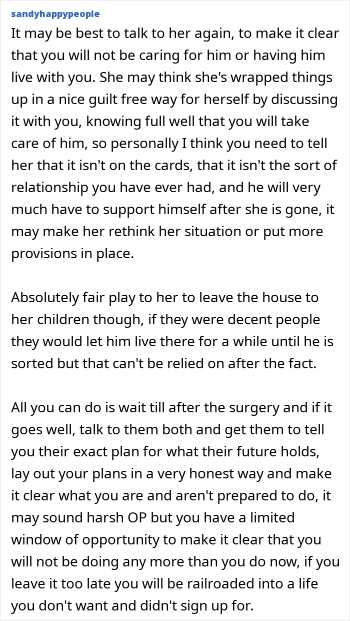 Text comment from user discussing a woman deciding to leave her partner homeless if she dies, focusing on relationship and support issues.