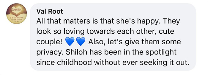 Screenshot of a comment praising Shiloh Jolie-Pitt's happiness and urging privacy amid romance rumors.