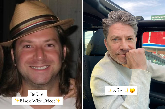 Before and after transformation of a man married to a Black woman showing the Black Wife Effect with improved style and confidence.