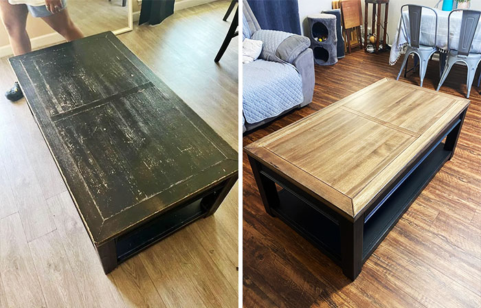 Before and after photos showing a furniture flipping project with a restored and refinished coffee table.