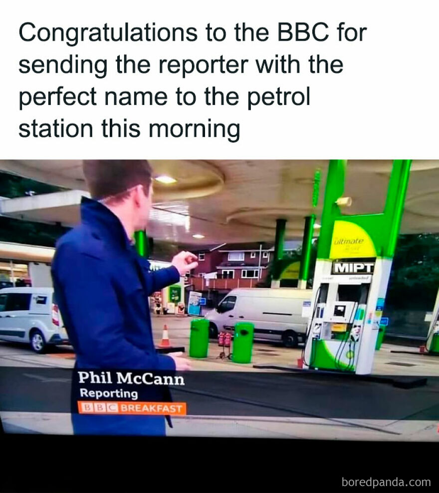Reporter named Phil McCann at a petrol station, highlighting British humor in a news broadcast scene.