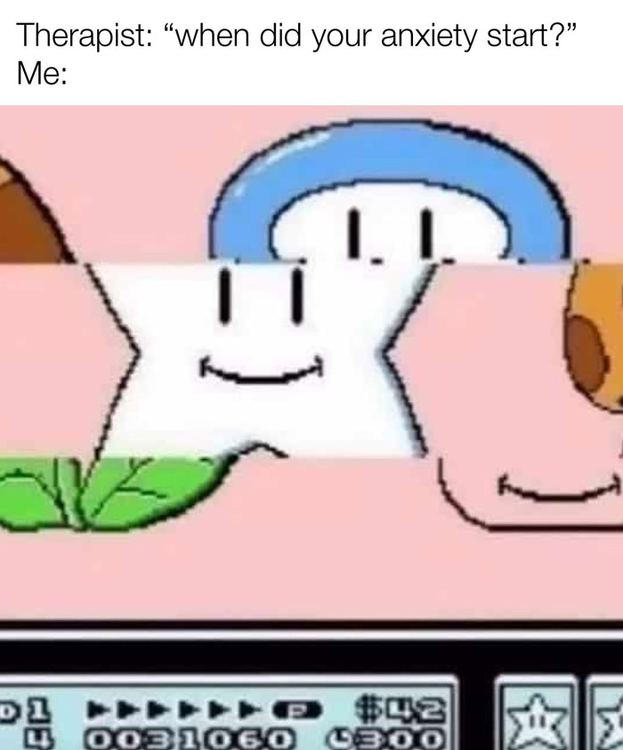 Meme showing a nostalgic video game scene symbolizing anxiety, related to Tamagotchis and VHS tapes nostalgia.