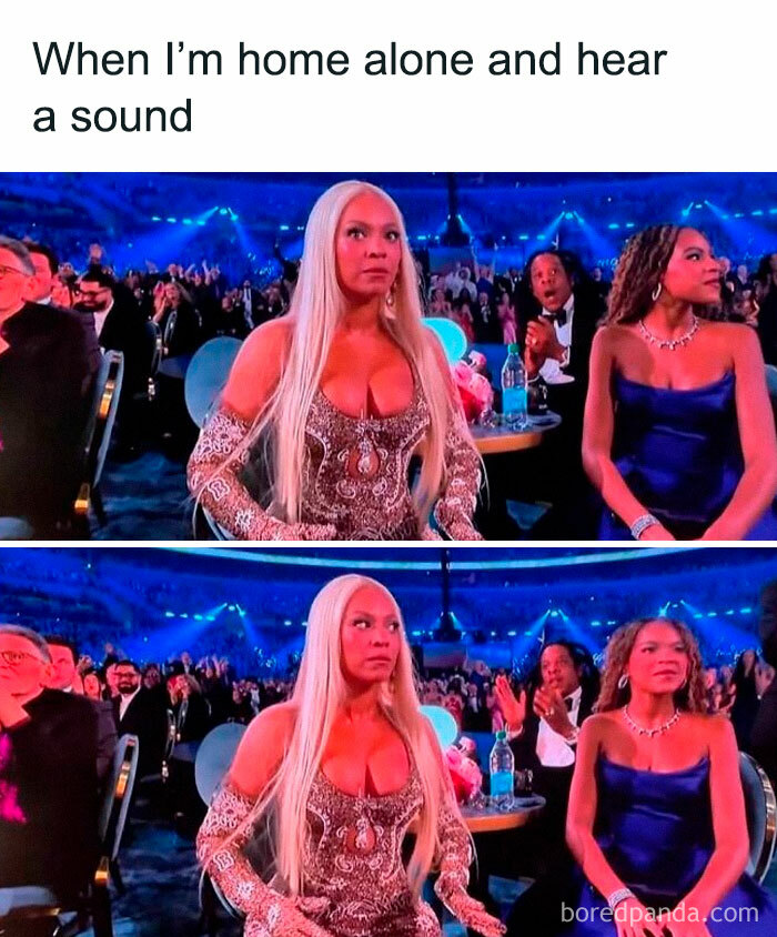 Woman with long blonde hair and patterned dress looking startled at a formal event, funny post from circle of idiots collection.