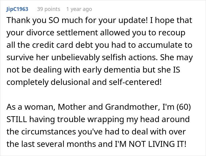 Comment expressing support for update about selfish actions and challenges faced by woman not telling husband she&rsquo;s leaving to find herself.