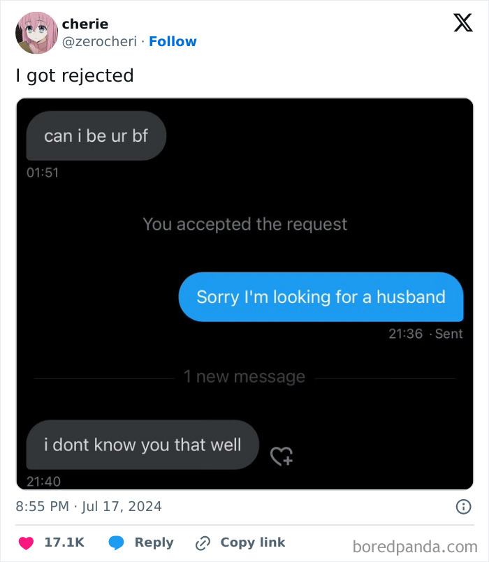Text message conversation showing a brutal rejection where one person asks to be a boyfriend and is turned down.