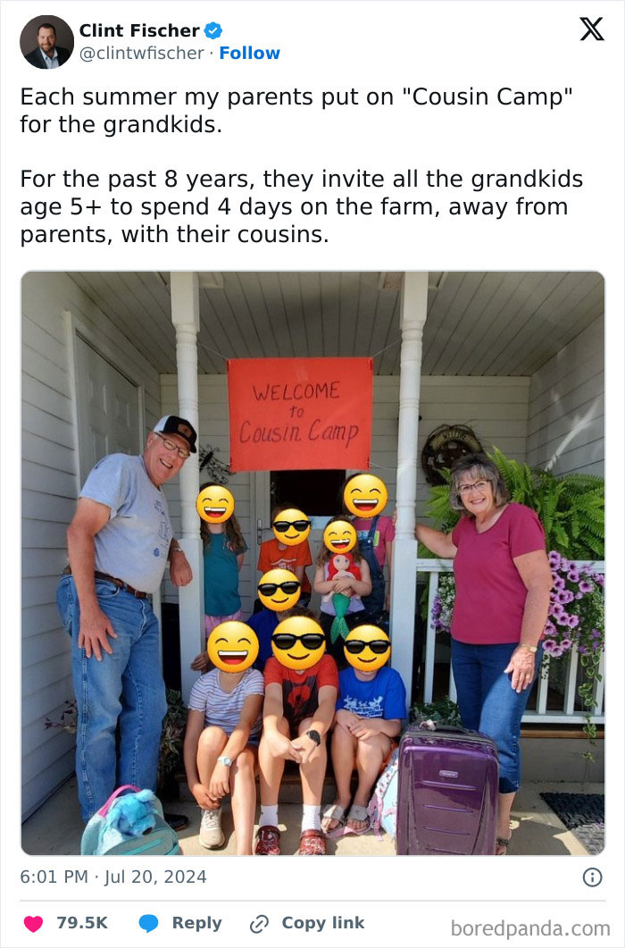 Group of smiling children and grandparents at a porch with a sign welcoming them to Cousin Camp, spreading positivity and joy.