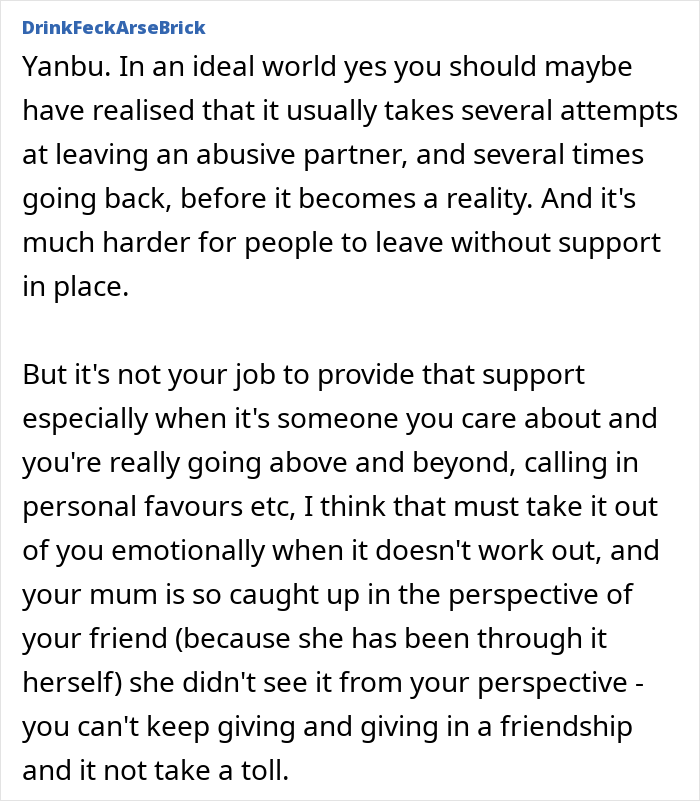 Text discussing emotional challenges and support boundaries when dealing with a friend in an abusive marriage situation.