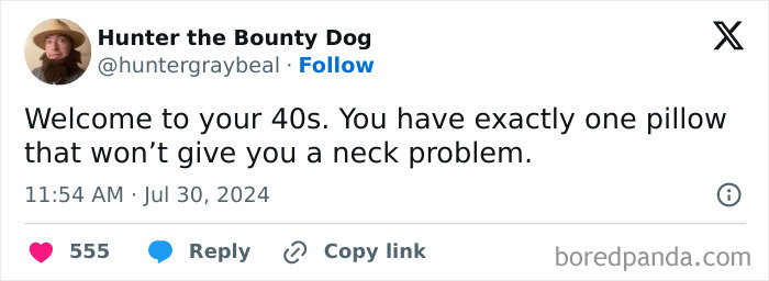 Tweet about life after 40 humor, highlighting the chaos of finding a perfect pillow to avoid neck problems.