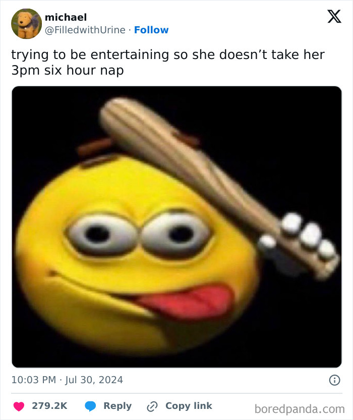 Yellow emoji with crossed eyes and tongue out holding a baseball bat, humorous nerdy weird meme about entertaining and naps.