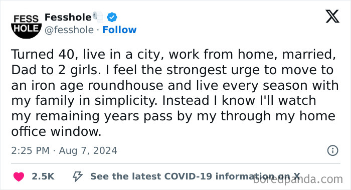 Tweet about turning 40, balancing family life and work from home, showing life after 40 chaos and reflection.