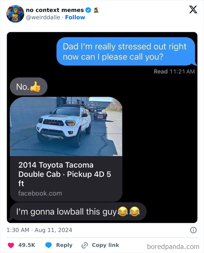 Text message exchange with a dad humorously refusing a call, paired with a pickup truck listing in a funny dad moment.