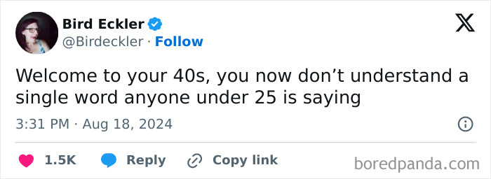 Social media post humor about life after 40 highlighting confusion with younger generations' language.
