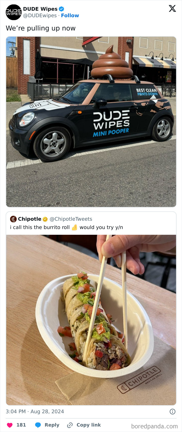 Funny social media posts featuring a car with a p**p emoji and a burrito roll with chopsticks.