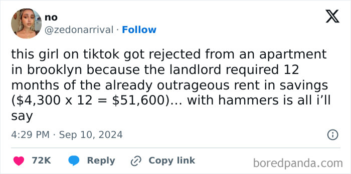 Tweet explaining a brutal rejection from a Brooklyn apartment due to landlord’s strict savings requirement.