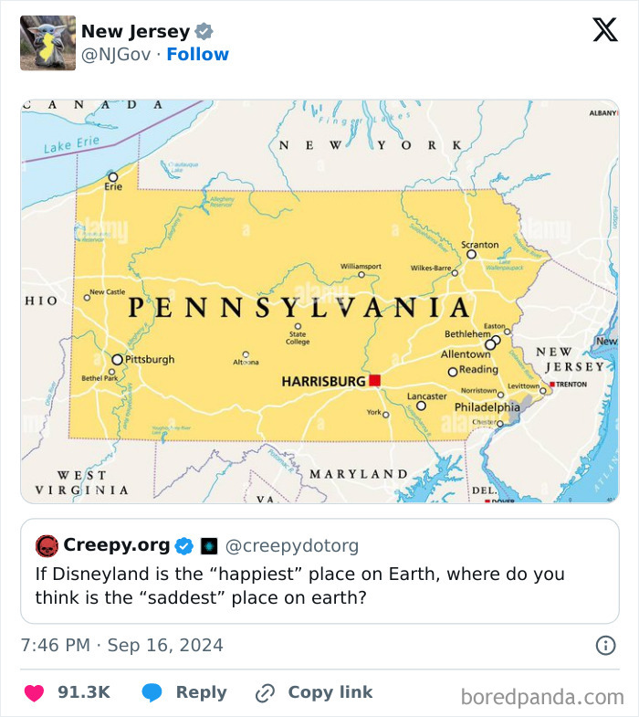 Map of Pennsylvania shared by official social media, part of funniest things posted by official social media accounts.