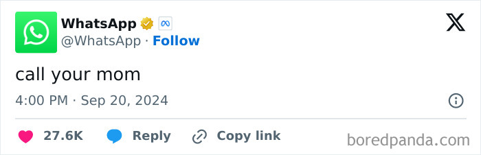 Screenshot of a funny official social media post from WhatsApp advising to call your mom with engagement stats.