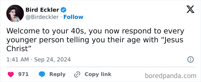 Tweet about life after 40 humor, describing common reactions to people revealing their age in midlife chaos.