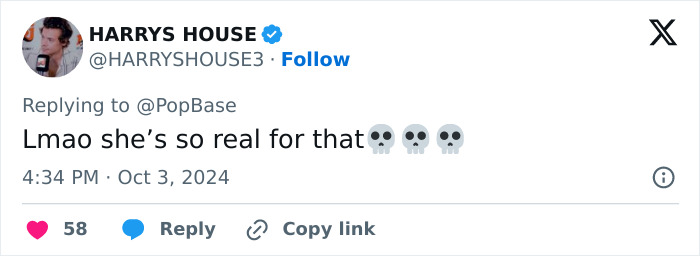 Screenshot of a tweet from user HARRYS HOUSE reacting to Billie Eilish nepo baby discussion with skull emojis.