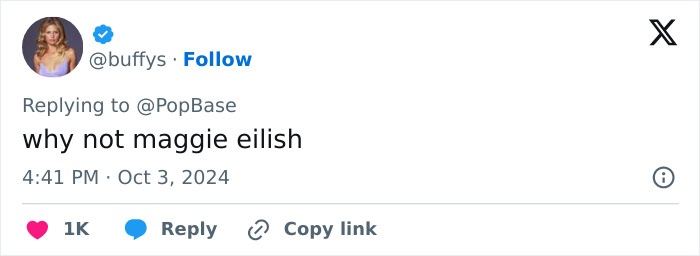Tweet from user buffys commenting on Billie Eilish, sparking discussion about Billie Eilish fans and her parents.