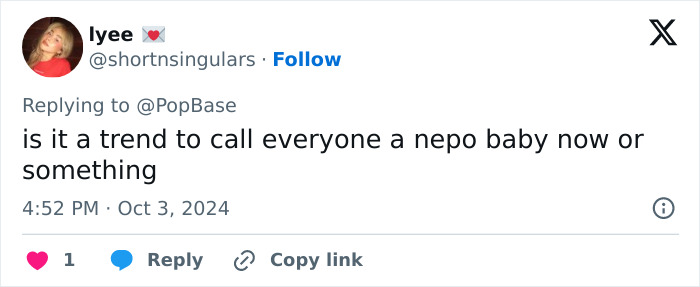 Tweet questioning if calling everyone a nepo baby is a trend, related to Billie Eilish fans discovering her parents' identity.