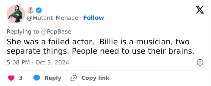 Twitter screenshot of user discussing Billie Eilish fans buzzing after learning about her parents and nepo baby claims.