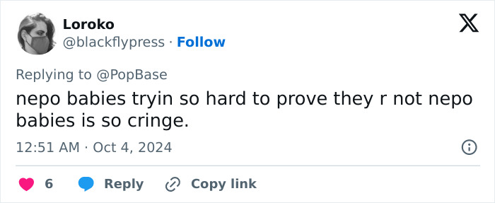 Tweet discussing nepo baby culture with a focus on Billie Eilish fans reacting to her parents' identity.