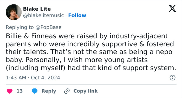 Tweet by Blake Lite discussing Billie Eilish fans buzzing over her parents and the nepo baby debate in the music industry.