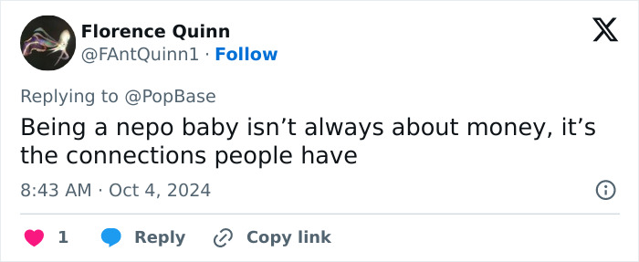 Tweet from Florence Quinn discussing how being a nepo baby relates to connections people have beyond money.