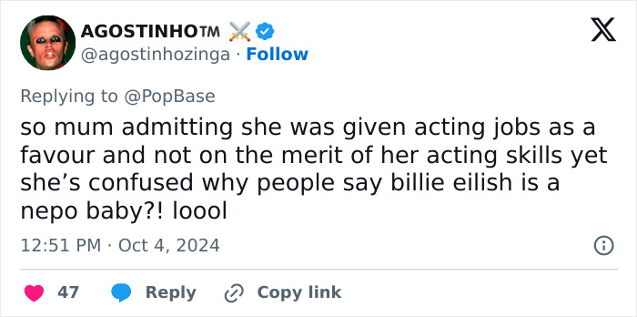 Tweet discussing claims about Billie Eilish being a nepo baby as her mother admitted to receiving acting jobs as favors.
