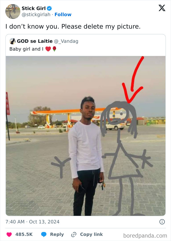 Man standing next to a crudely drawn stick figure with a red arrow pointing at it, showcasing brutal rejections.