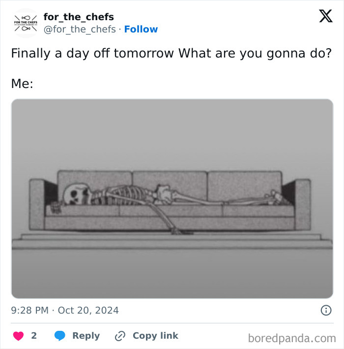 Skeleton lying on a couch humor meme representing relatable chef humor and well-done cooking jokes for chefs.