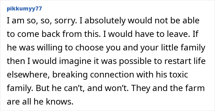 Text post by user pikkumyy77 expressing sorrow and discussing the impact of a husband texting his mother and toxic family ties.