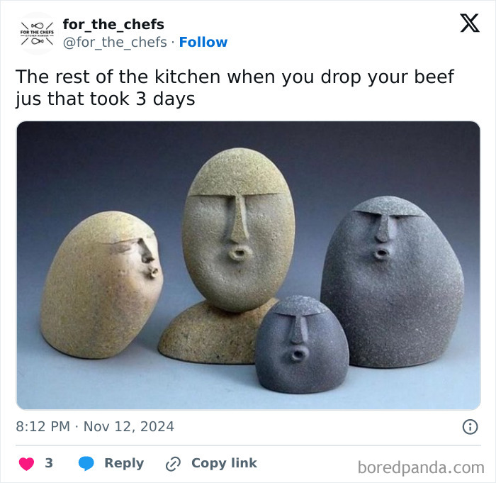 Stone sculptures with surprised faces illustrating relatable chef memes and kitchen humor for those who like their humor well-done.